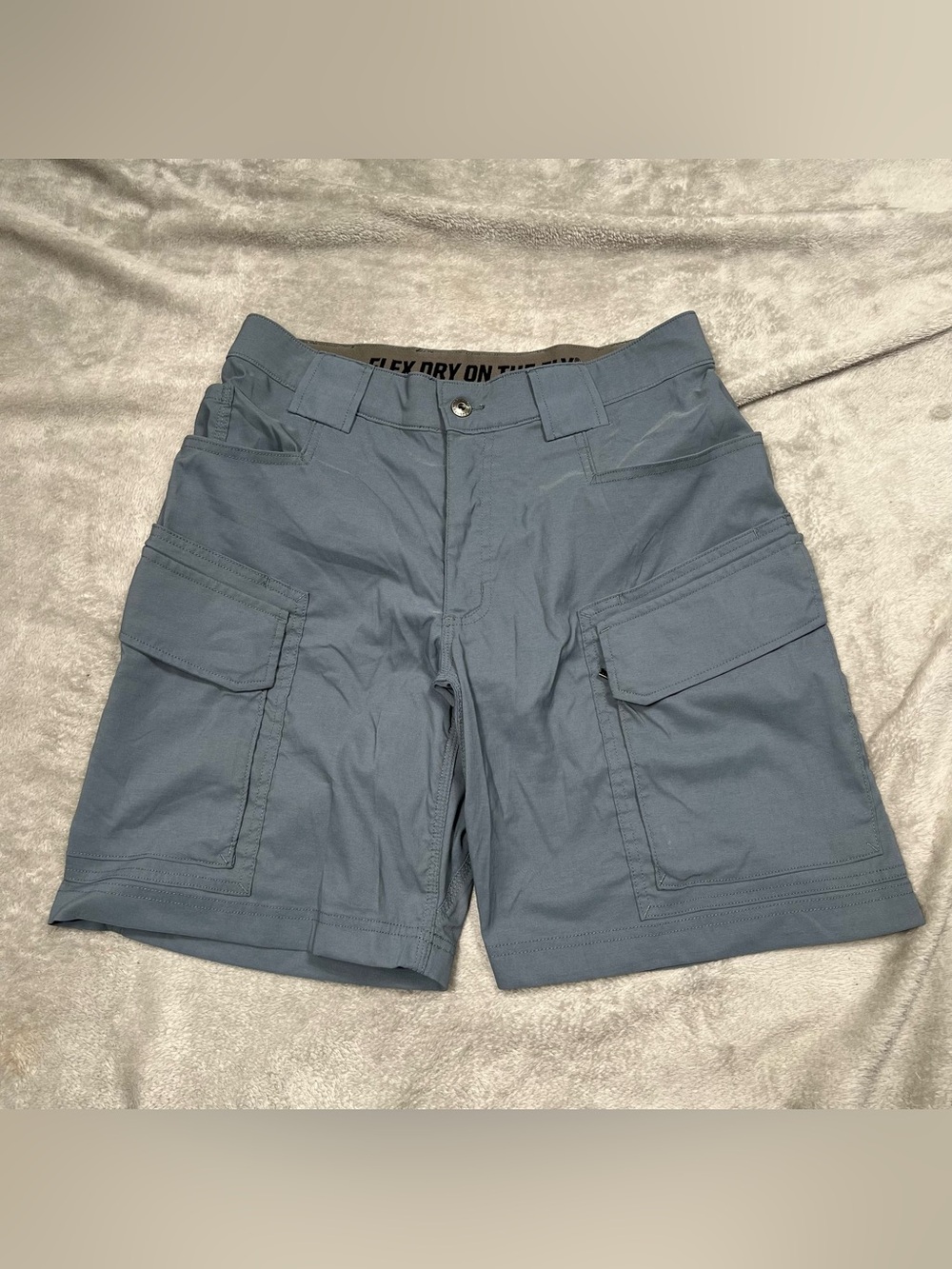 Duluth Flex Dry on the Fly Shorts Mens 32 Steel Blue Relaxed Cargo Stretch Nylon